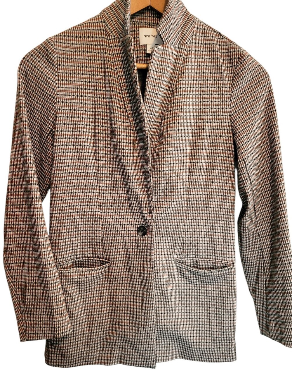 Nine West Plaid Stand Collar Blazer Jacket Houndstooth Tann Black Size XS